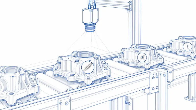 Cámara de inspección visual revisa componentes en una línea de fabricación.